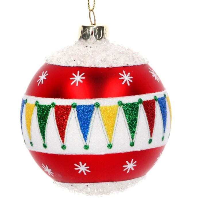 Gisela Graham Glass Bauble (8cm) - Red/White w Glitter Bunting Decoration